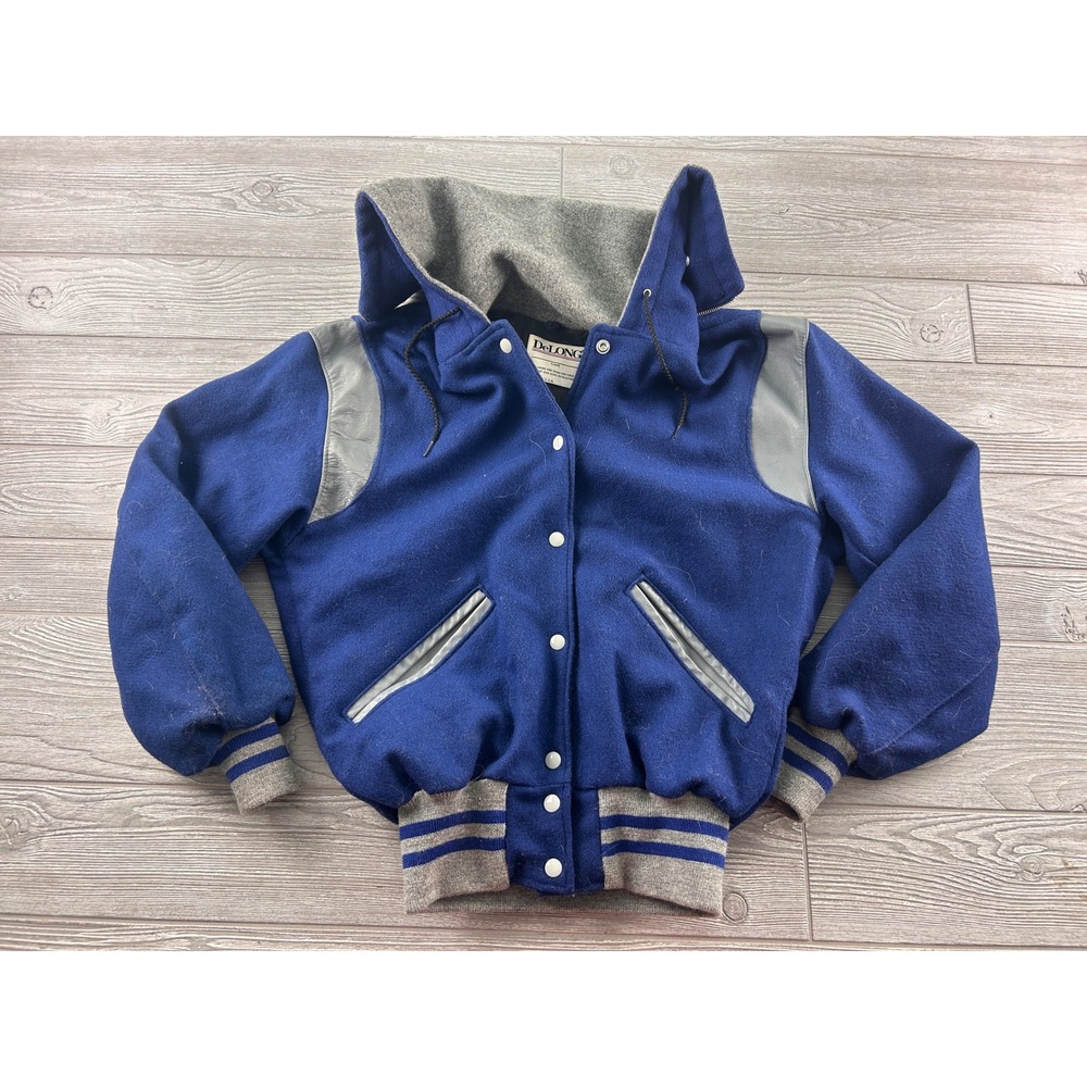 Vintage DeLONG Varsity Jacket Blue Wool Leather Trim Zip Hood Mens Small USA